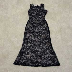 NW Nightway Black Nude Stretch Laced Sequined Gown Long Sleeveless Keyhole Sz 12